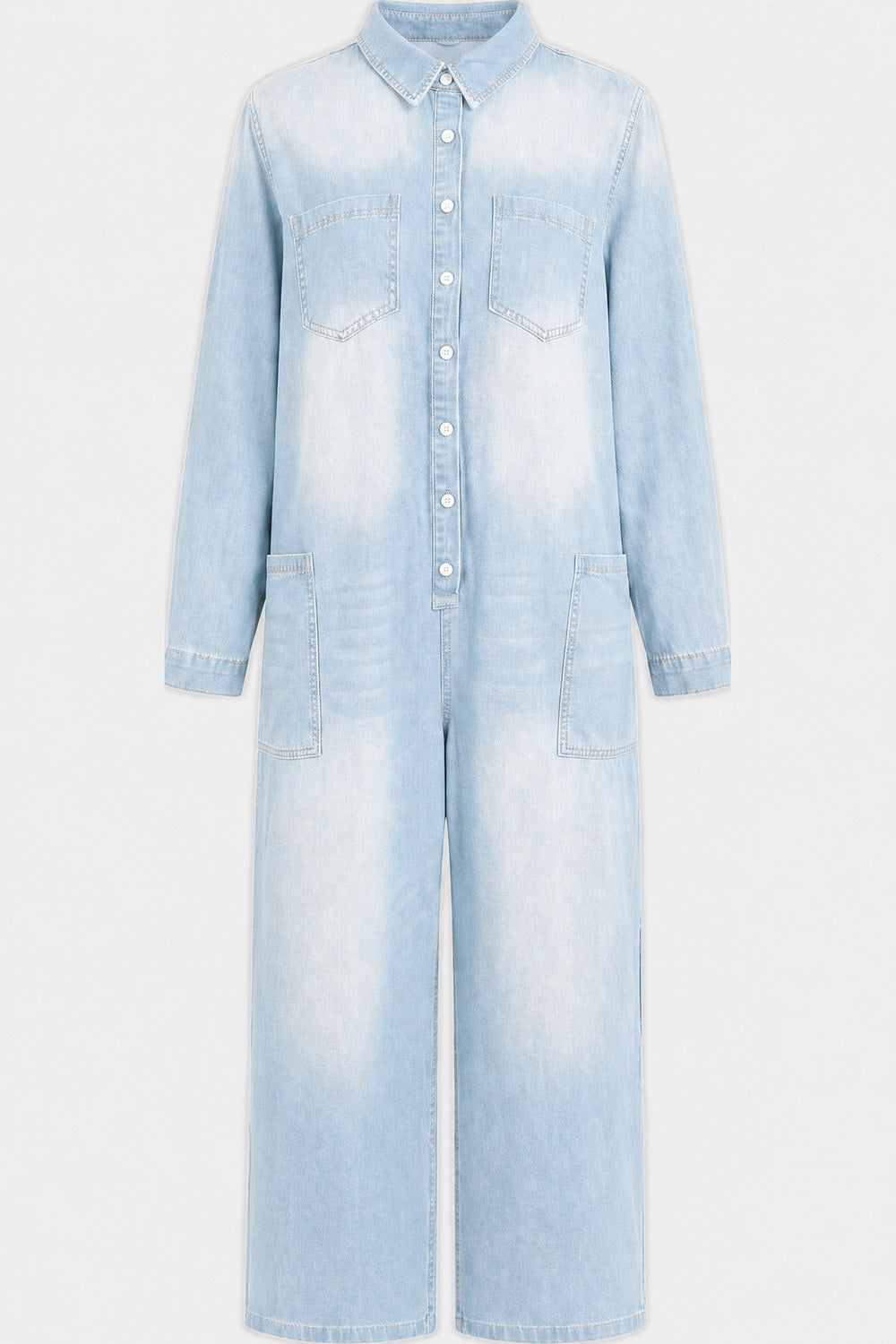 Clemence Wide-Leg Button-Front Denim Jumpsuit — Sky Blue