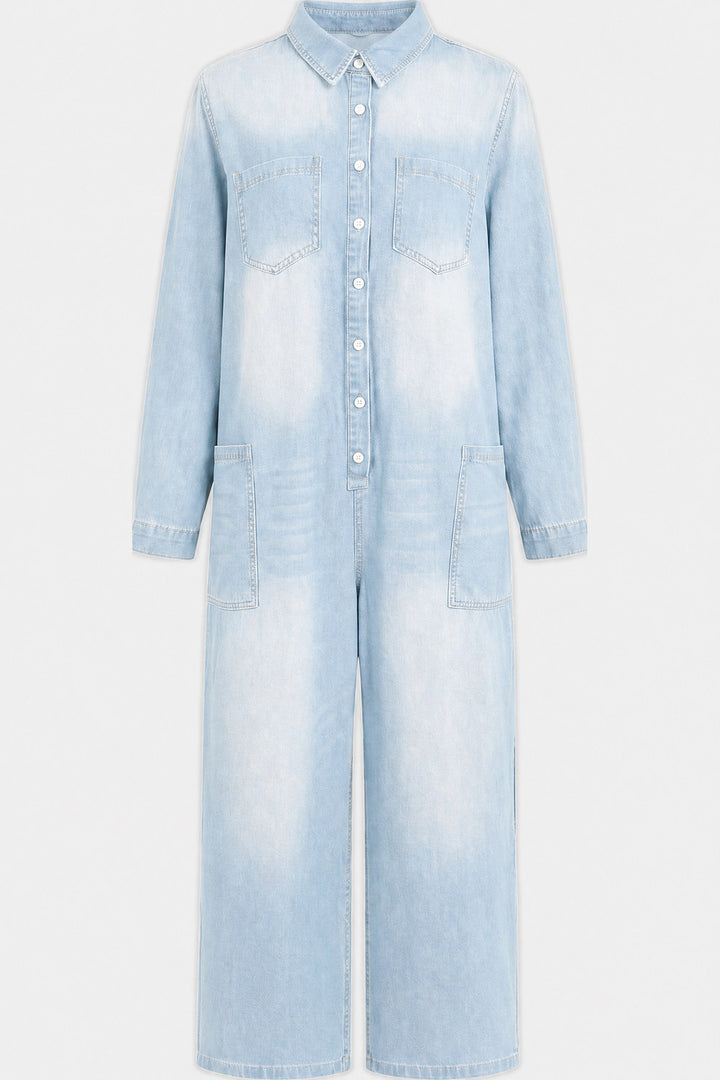 Clemence Wide-Leg Button-Front Denim Jumpsuit — Sky Blue