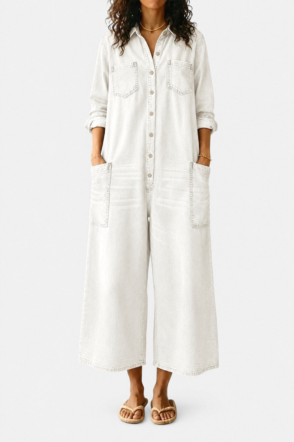 Clemence Wide-Leg Button-Front Denim Jumpsuit — White