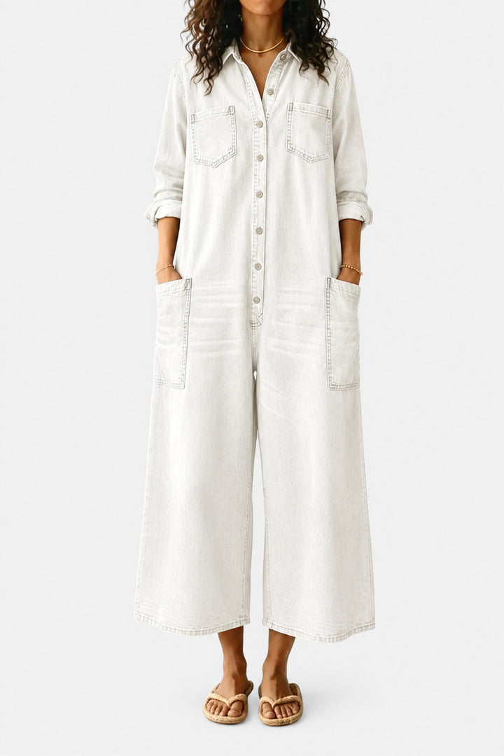 Clemence Wide-Leg Button-Front Denim Jumpsuit — White