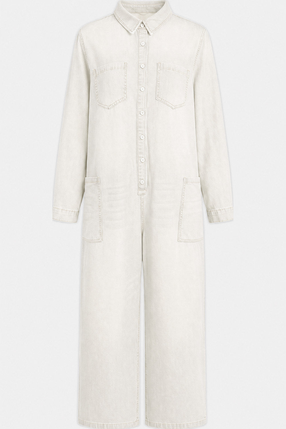 Clemence Wide-Leg Button-Front Denim Jumpsuit — White