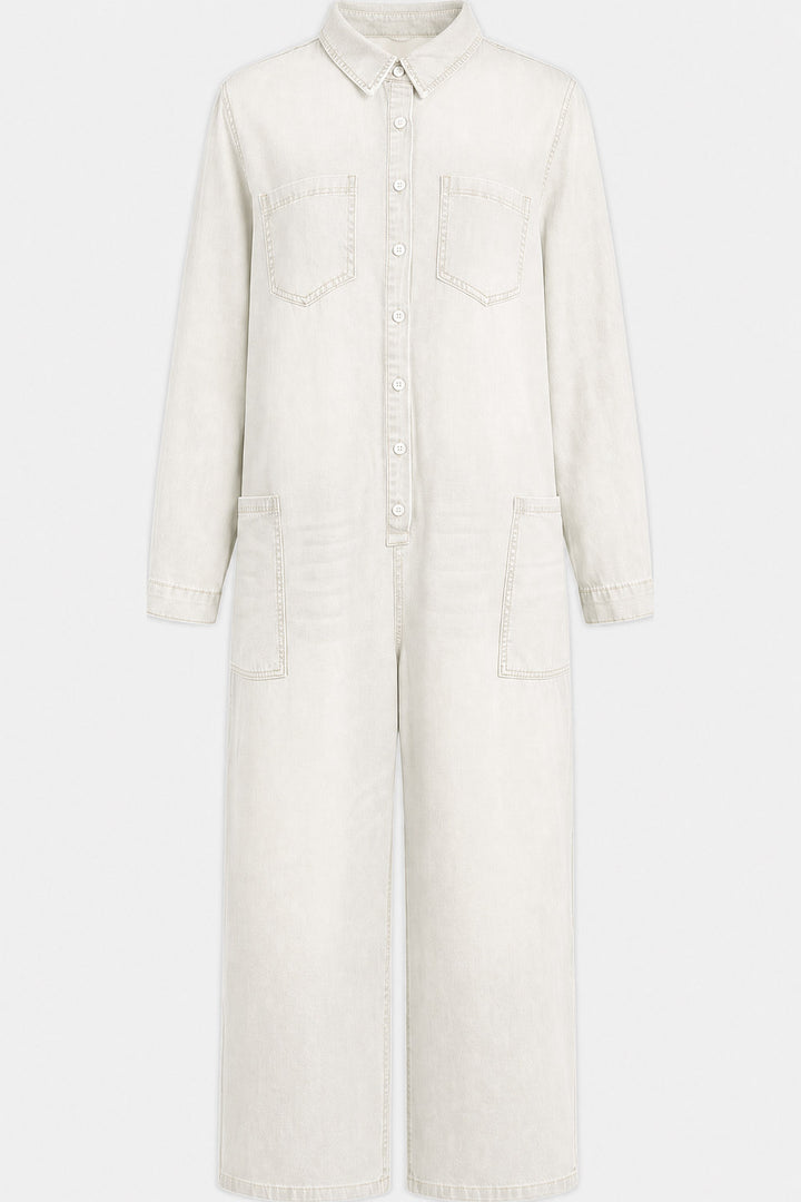 Clemence Wide-Leg Button-Front Denim Jumpsuit — White