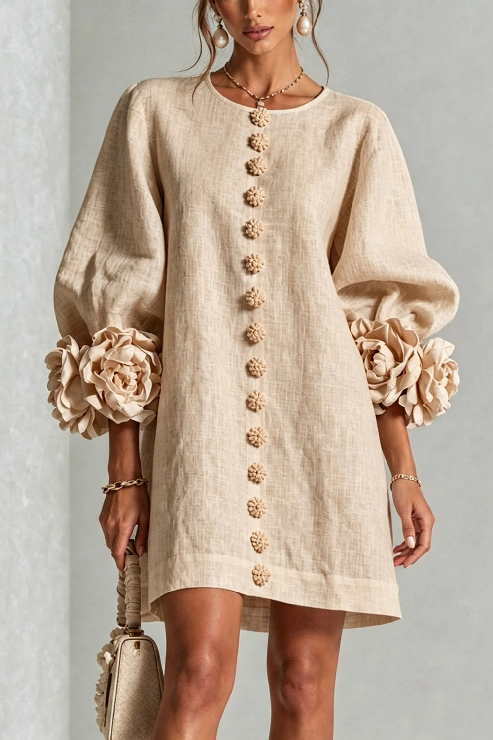 Cordelia Floral Lantern-Sleeve Mini Dress — Sand