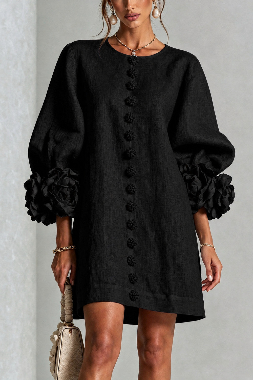 Cordelia Floral Lantern-Sleeve Mini Dress — Black