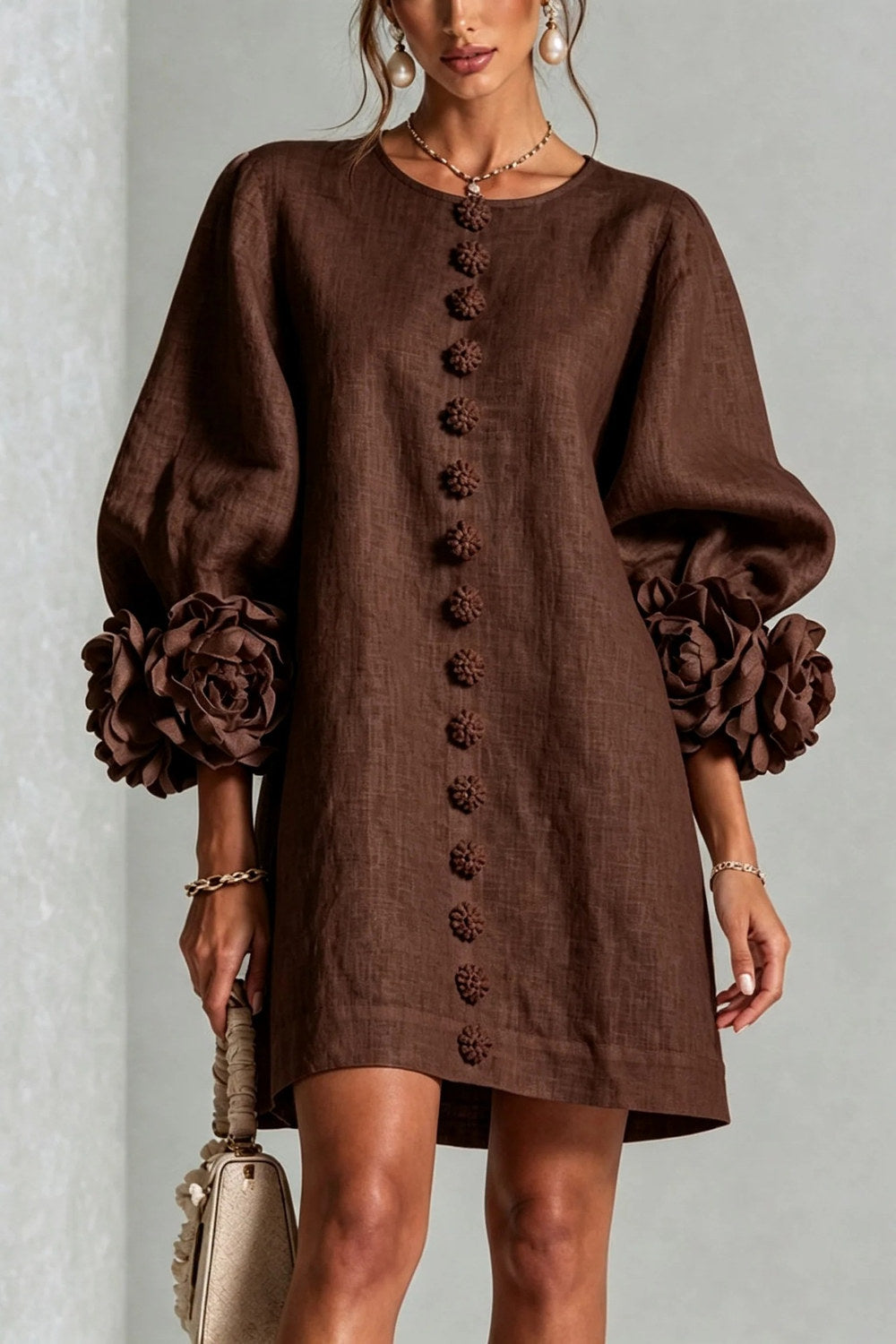 Cordelia Floral Lantern-Sleeve Mini Dress — Chocolate