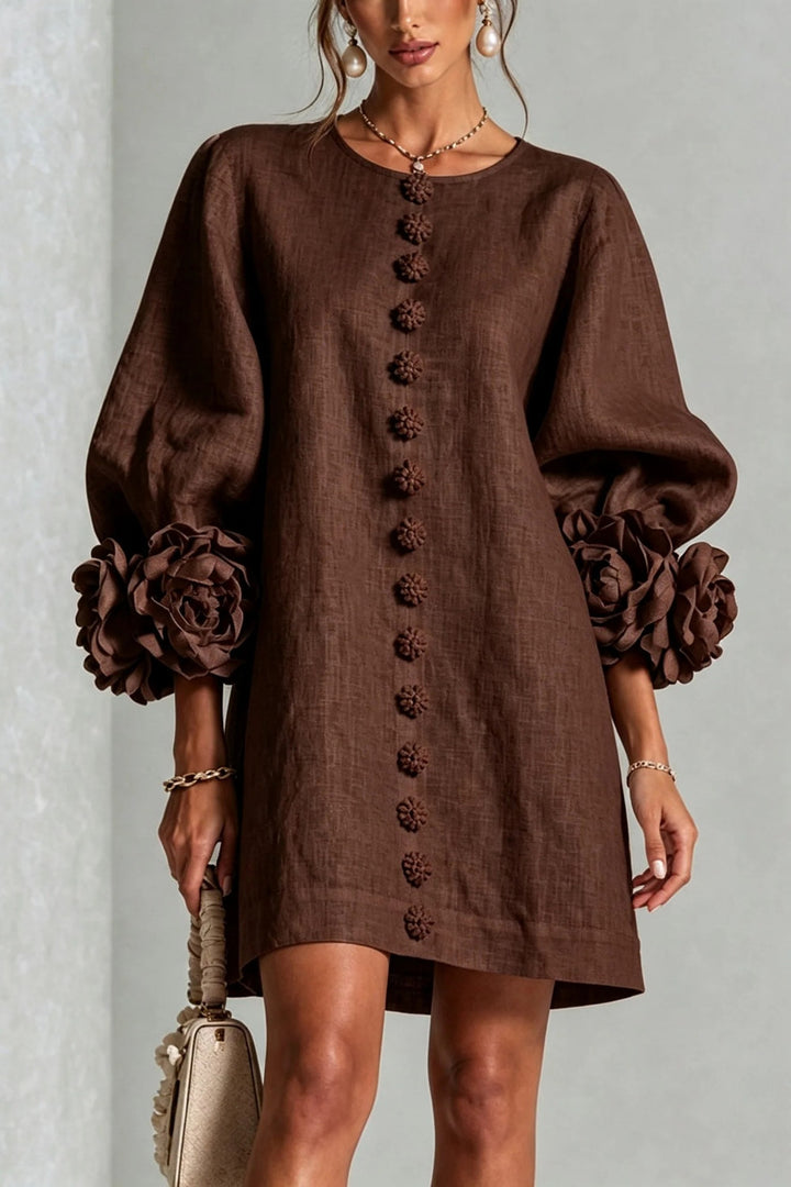 Cordelia Floral Lantern-Sleeve Mini Dress — Chocolate