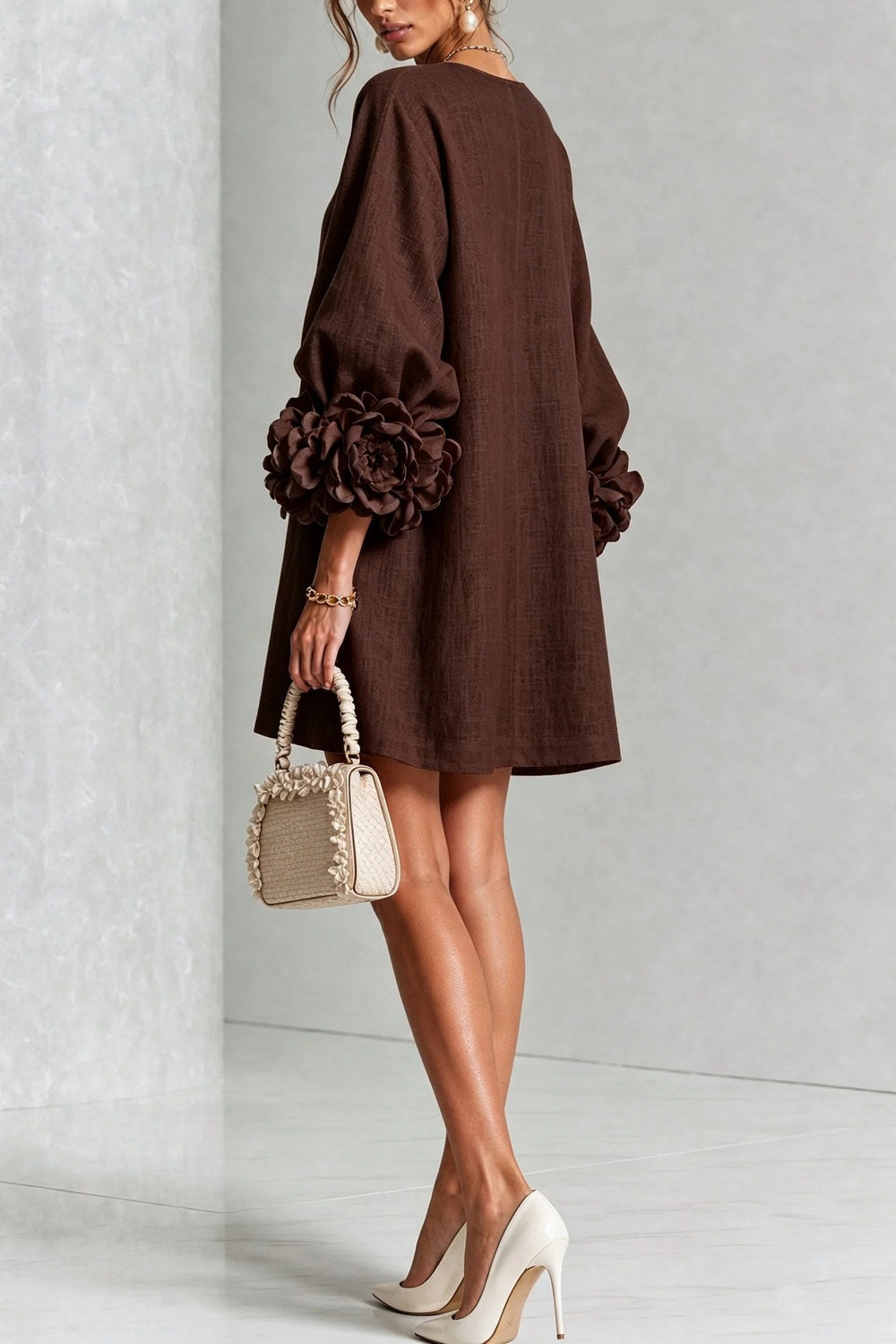 Cordelia Floral Lantern-Sleeve Mini Dress — Chocolate