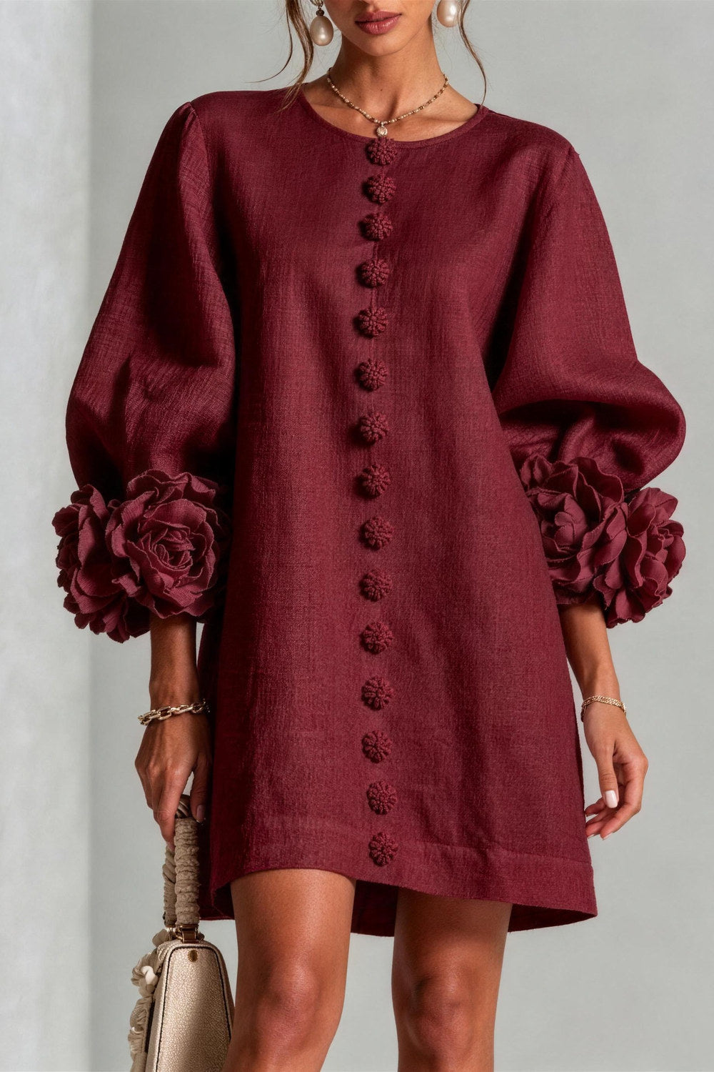 Cordelia Floral Lantern-Sleeve Mini Dress — Burgundy