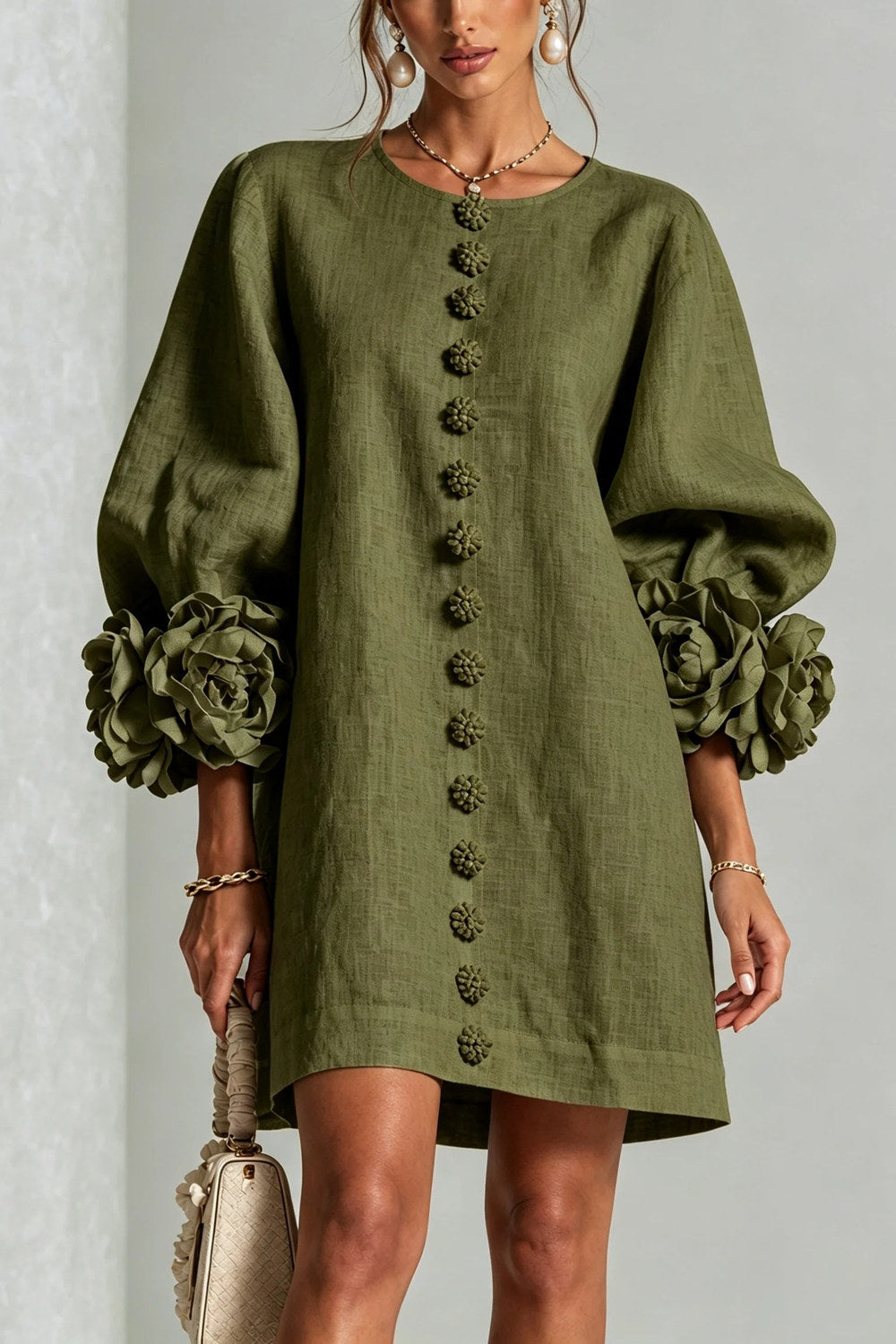 Cordelia Floral Lantern-Sleeve Mini Dress — Olive