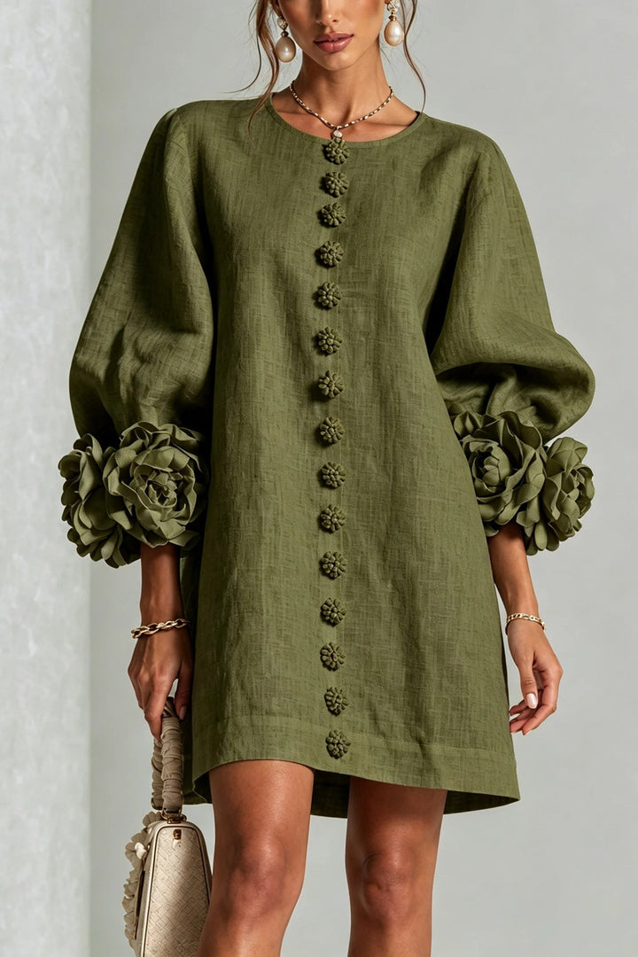 Cordelia Floral Lantern-Sleeve Mini Dress — Olive