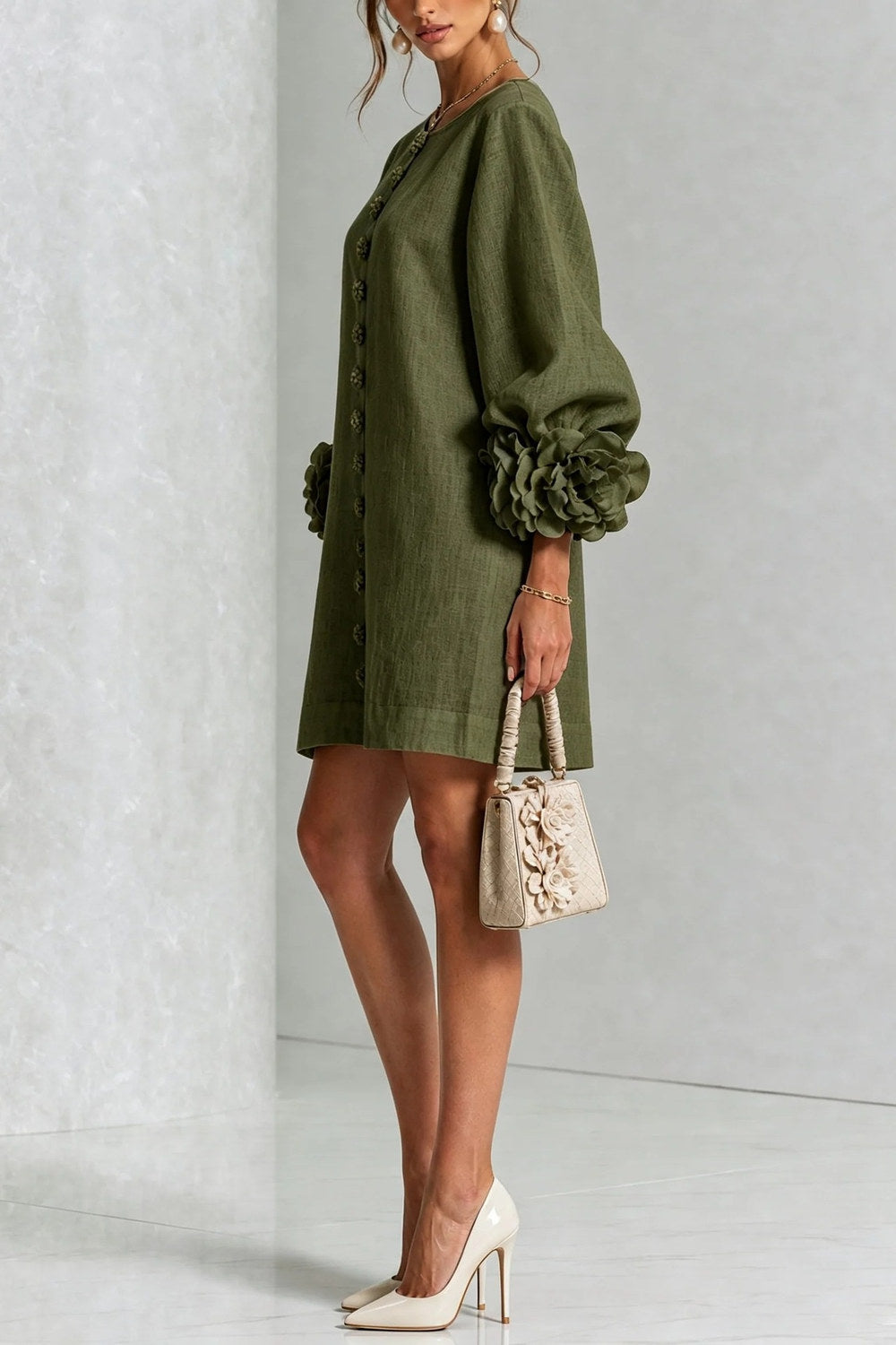 Cordelia Floral Lantern-Sleeve Mini Dress — Olive