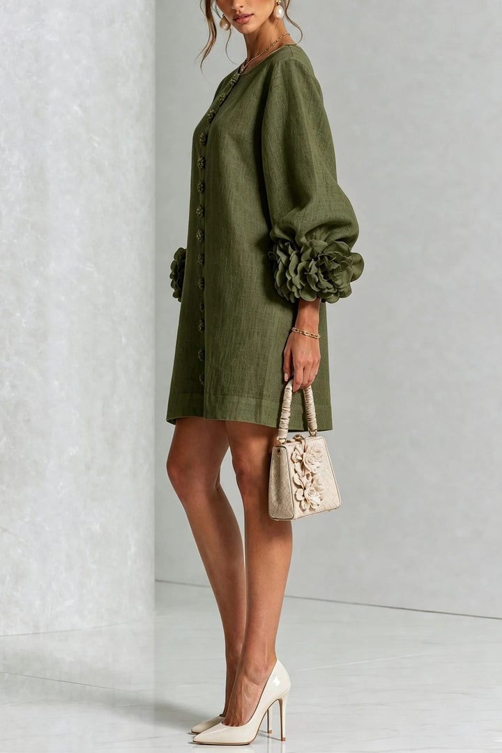 Cordelia Floral Lantern-Sleeve Mini Dress — Olive