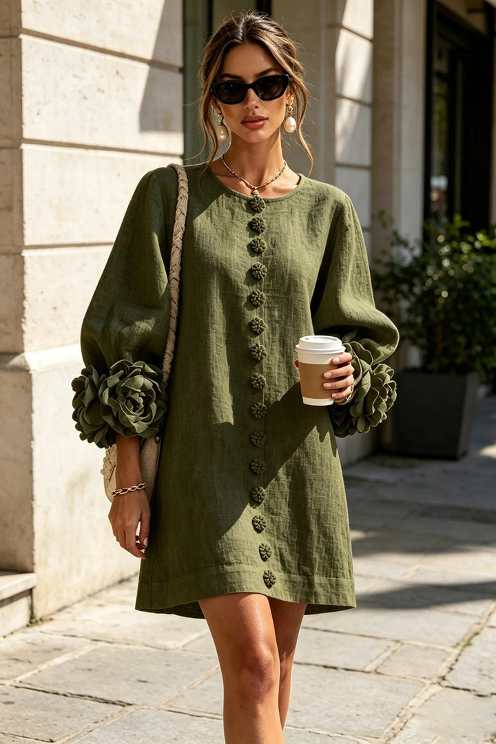 Cordelia Floral Lantern-Sleeve Mini Dress — Olive