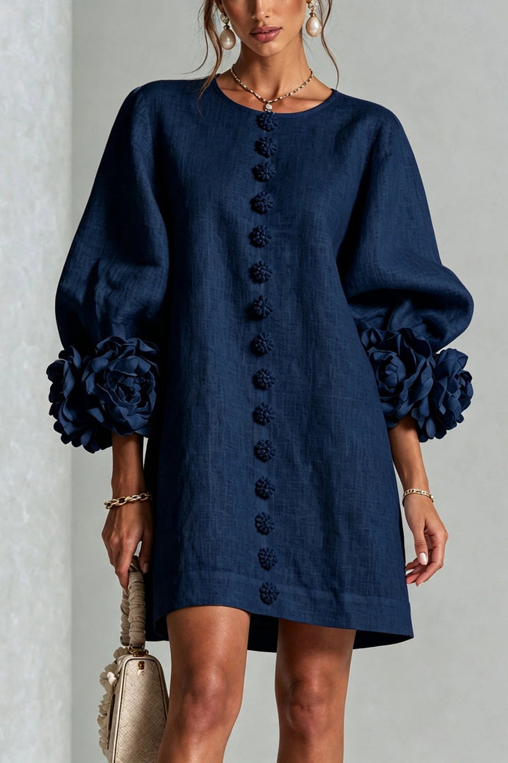 Cordelia Floral Lantern-Sleeve Mini Dress — Navy