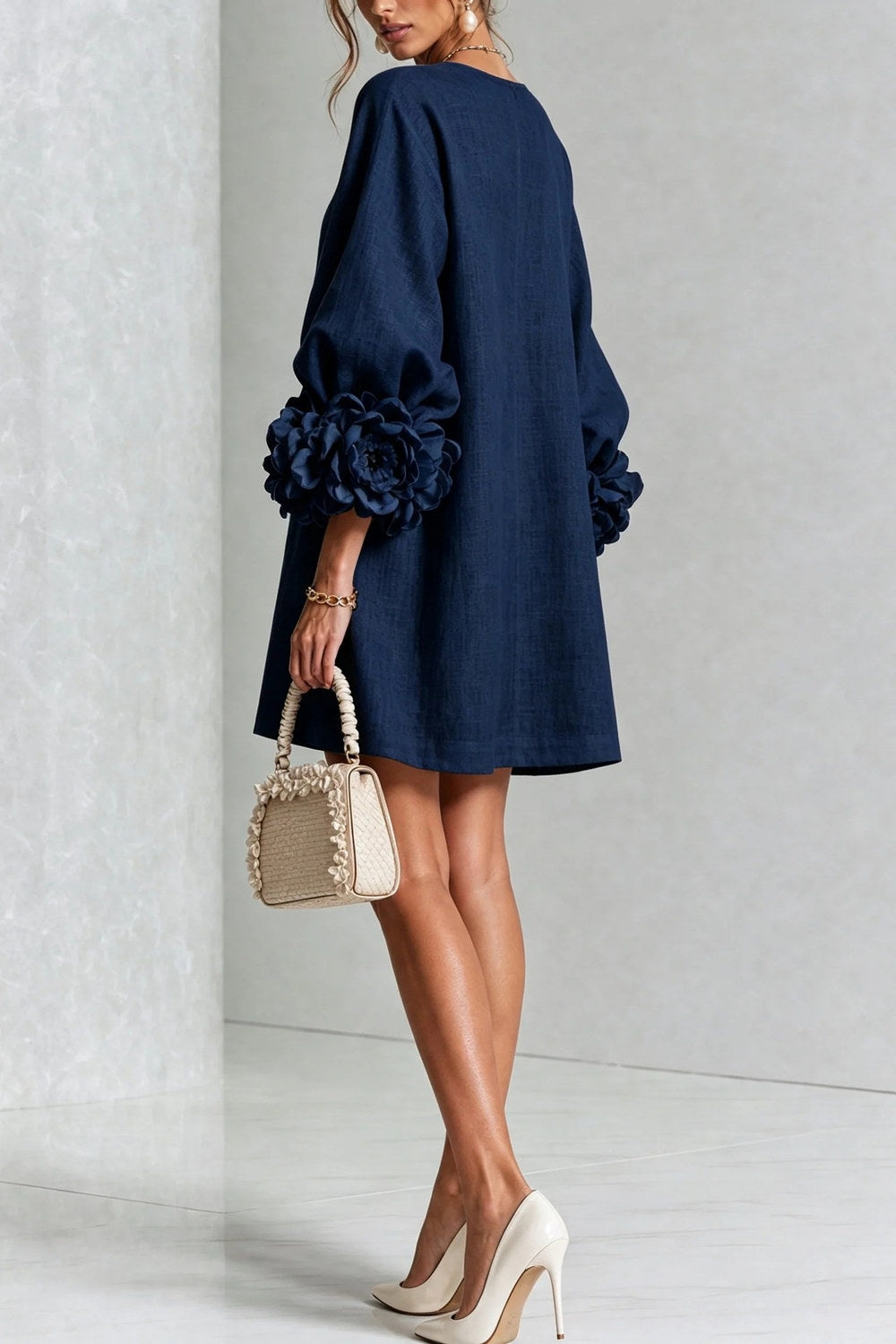 Cordelia Floral Lantern-Sleeve Mini Dress — Navy