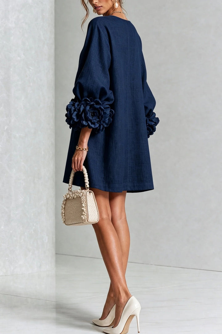 Cordelia Floral Lantern-Sleeve Mini Dress — Navy