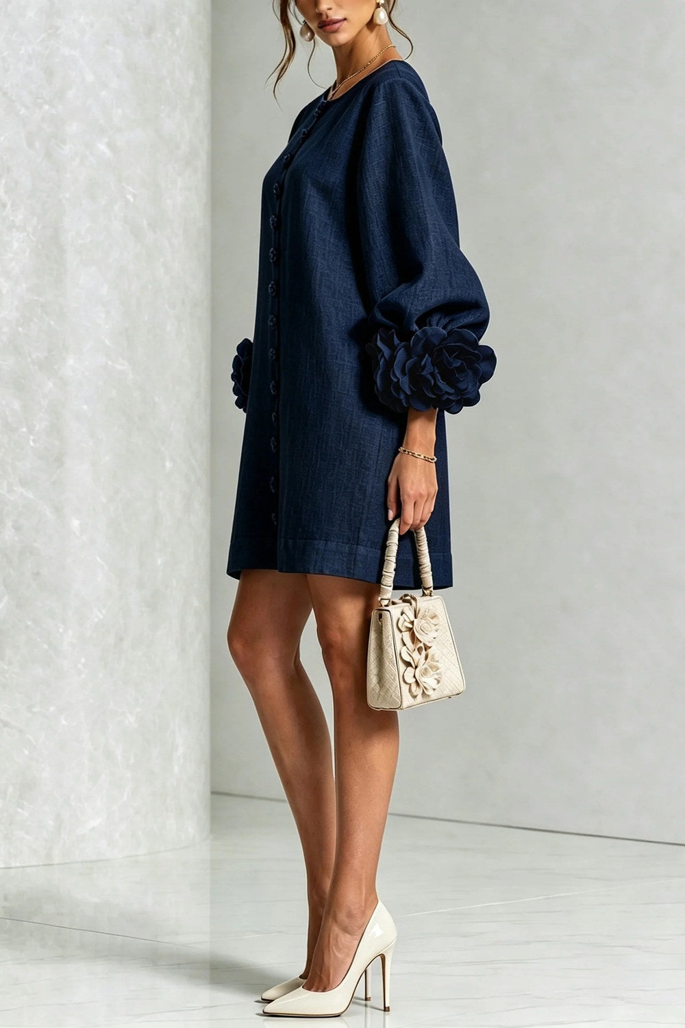 Cordelia Floral Lantern-Sleeve Mini Dress — Navy