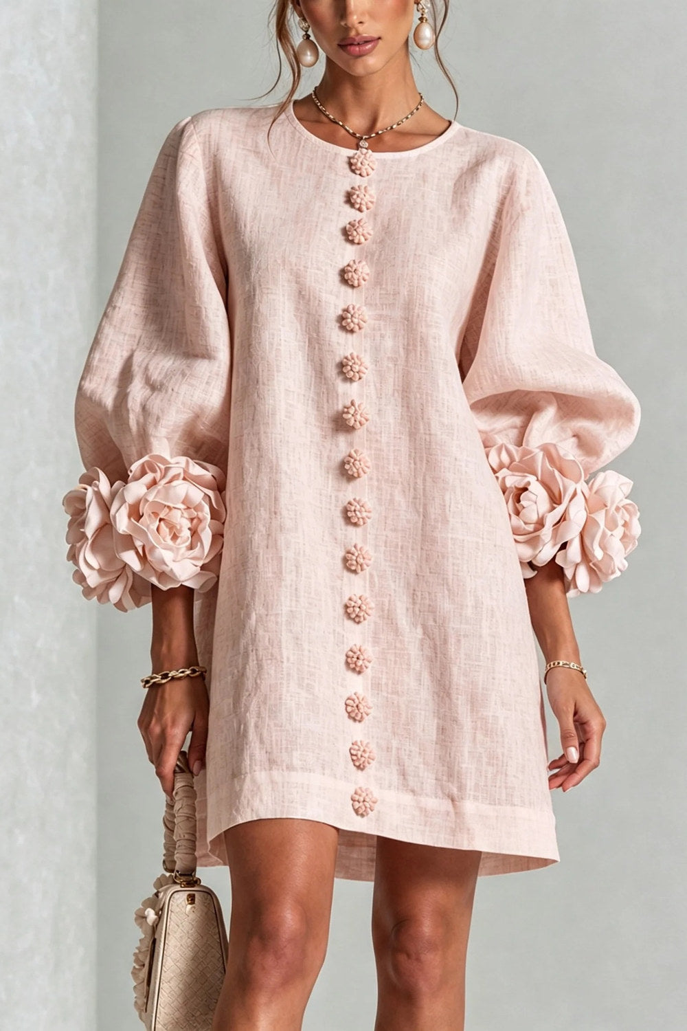 Cordelia Floral Lantern-Sleeve Mini Dress — Blush