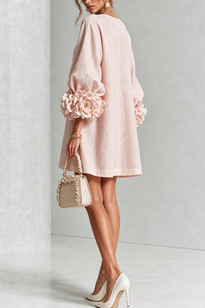 Cordelia Floral Lantern-Sleeve Mini Dress — Blush