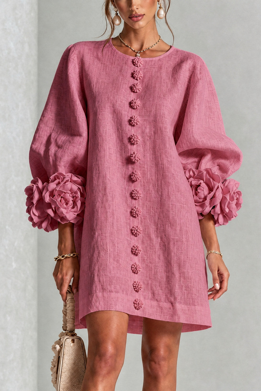 Cordelia Floral Lantern-Sleeve Mini Dress — Dusty Rose
