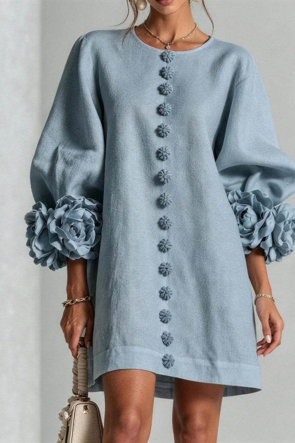 Cordelia Floral Lantern-Sleeve Mini Dress — Sky Blue