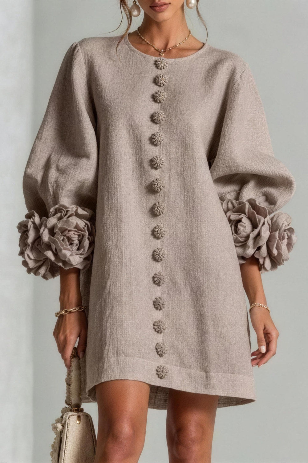 Cordelia Floral Lantern-Sleeve Mini Dress — Taupe