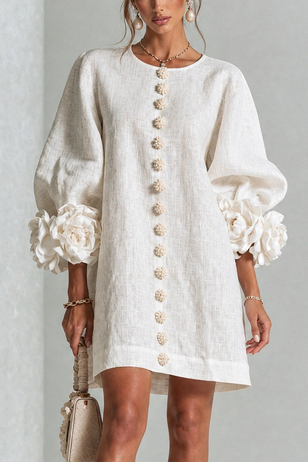 Cordelia Floral Lantern-Sleeve Mini Dress — White