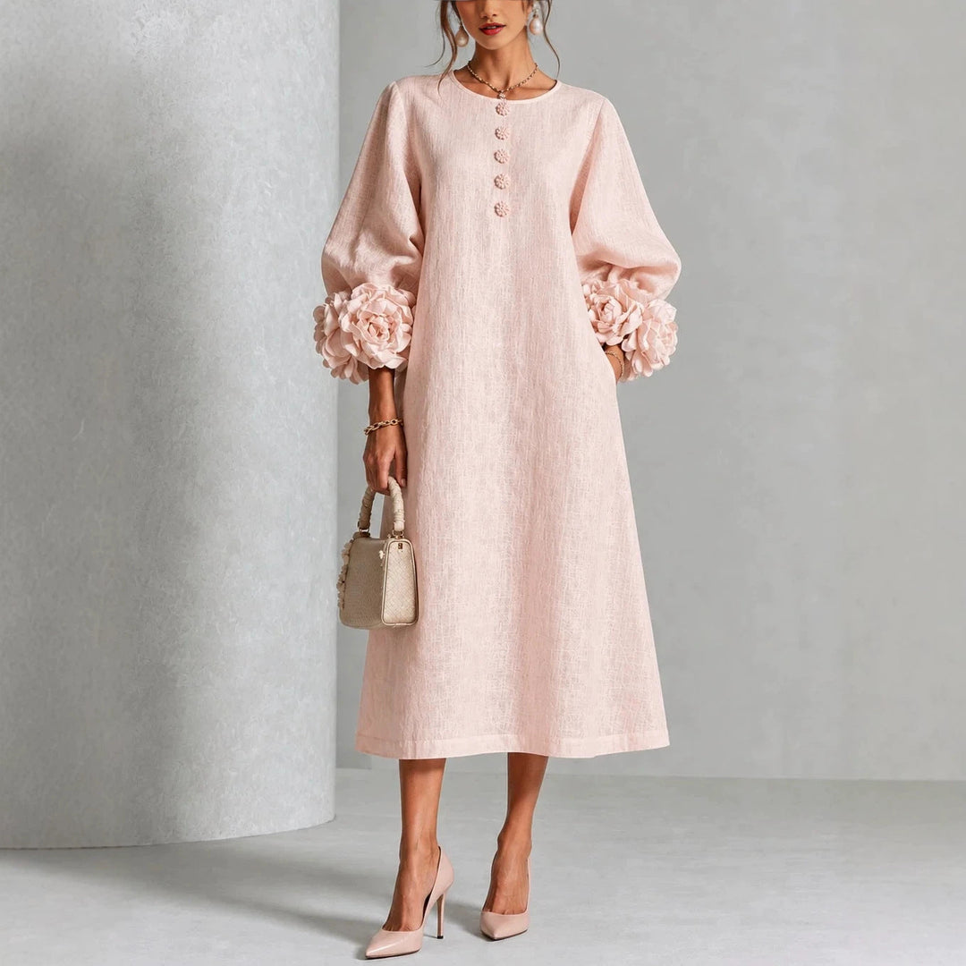 Ivy Floral Midi Dress with Rose-cuff Sleeves in pink