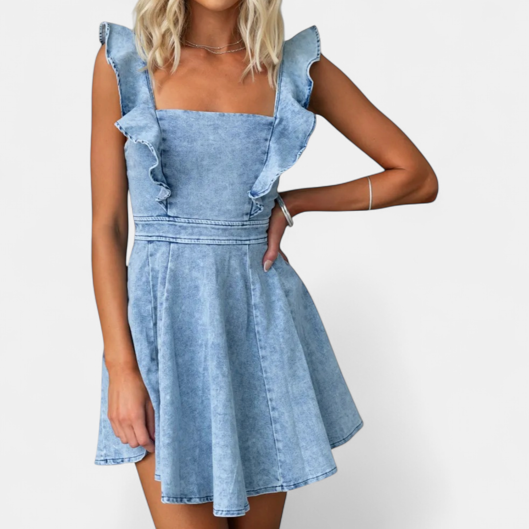 Dani Ruffle Strap Backless Denim in light blue