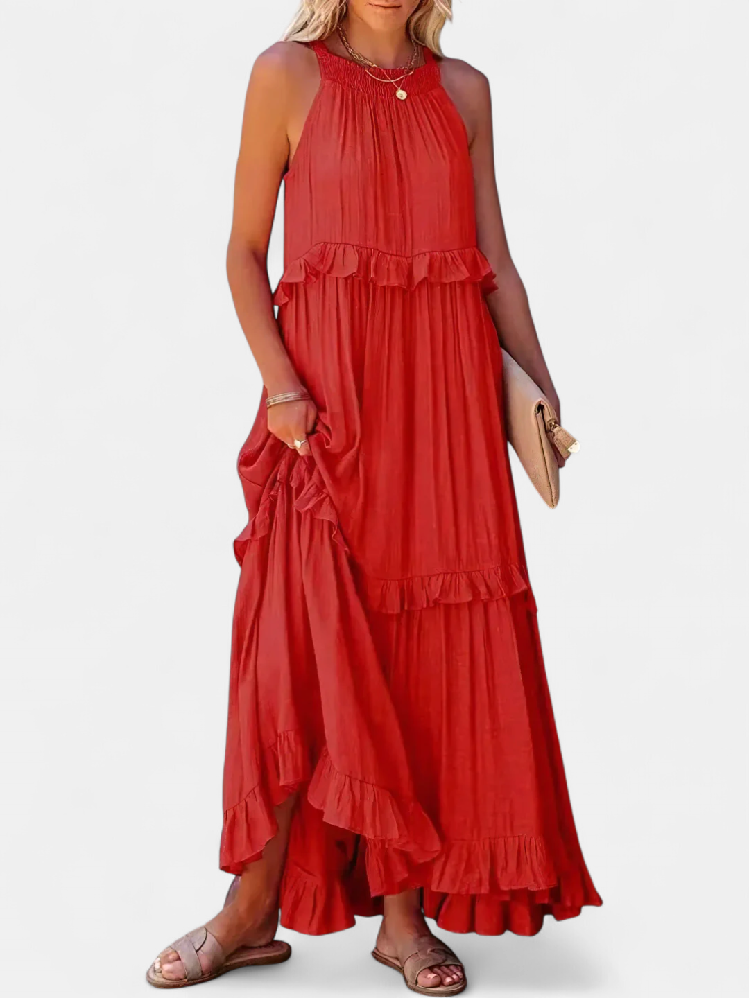 Cherry Flow Flutter Maxi Dress in red