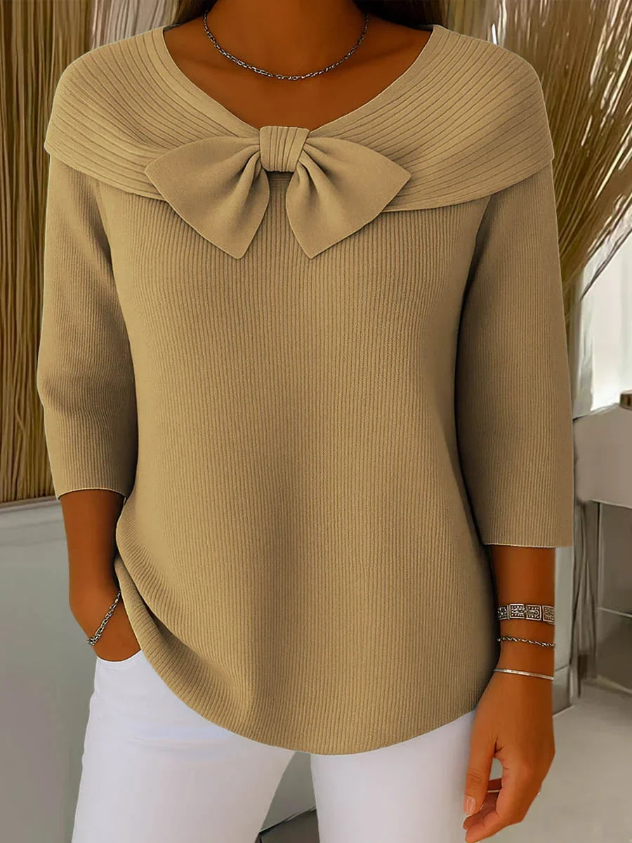 Elaira Knit Sweater with Bow in khaki
