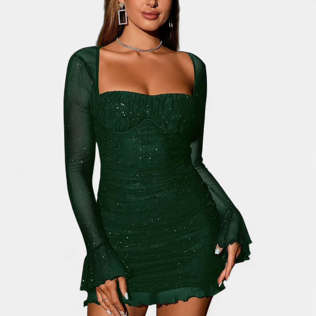 Ellie Glitter Mesh Bodycon Long in pine green