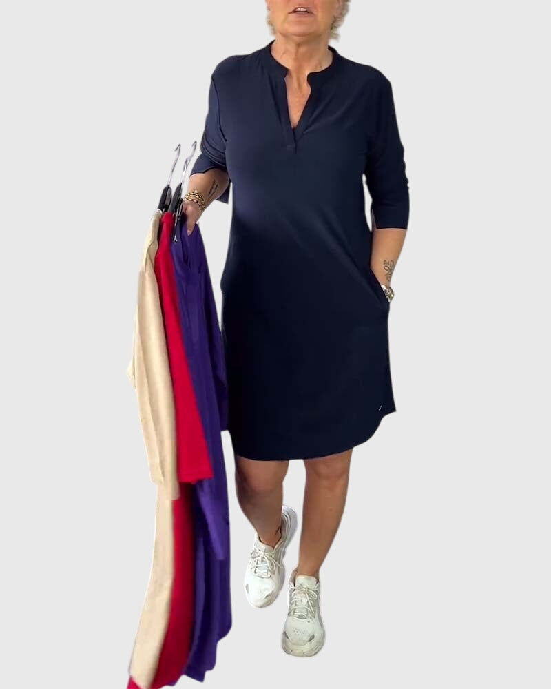 Katherine Solid V-neck Dress in dark blue