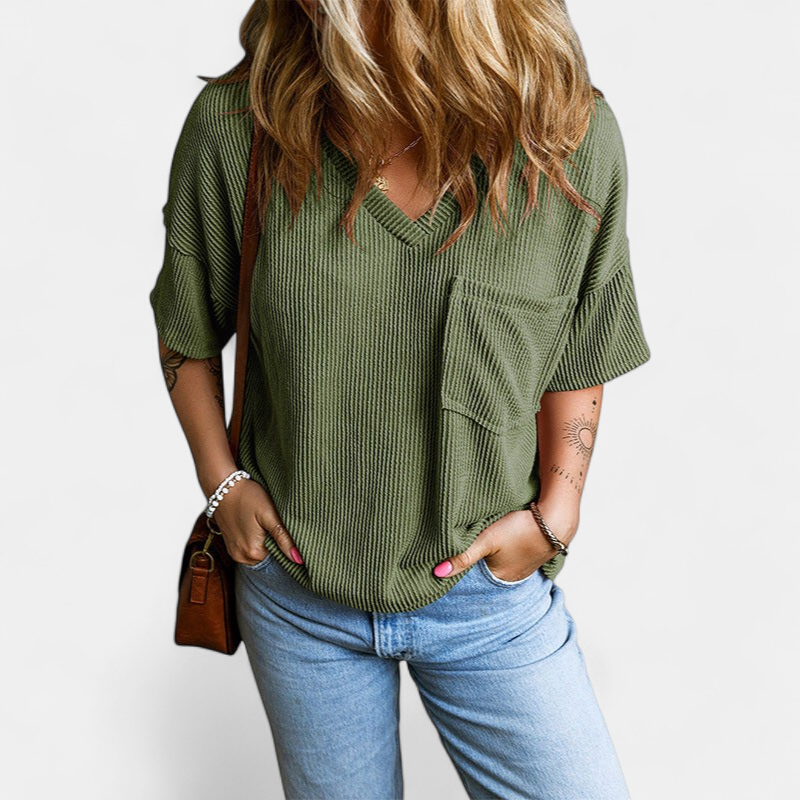 Janelle Textured Pocket V-neck Tee in green