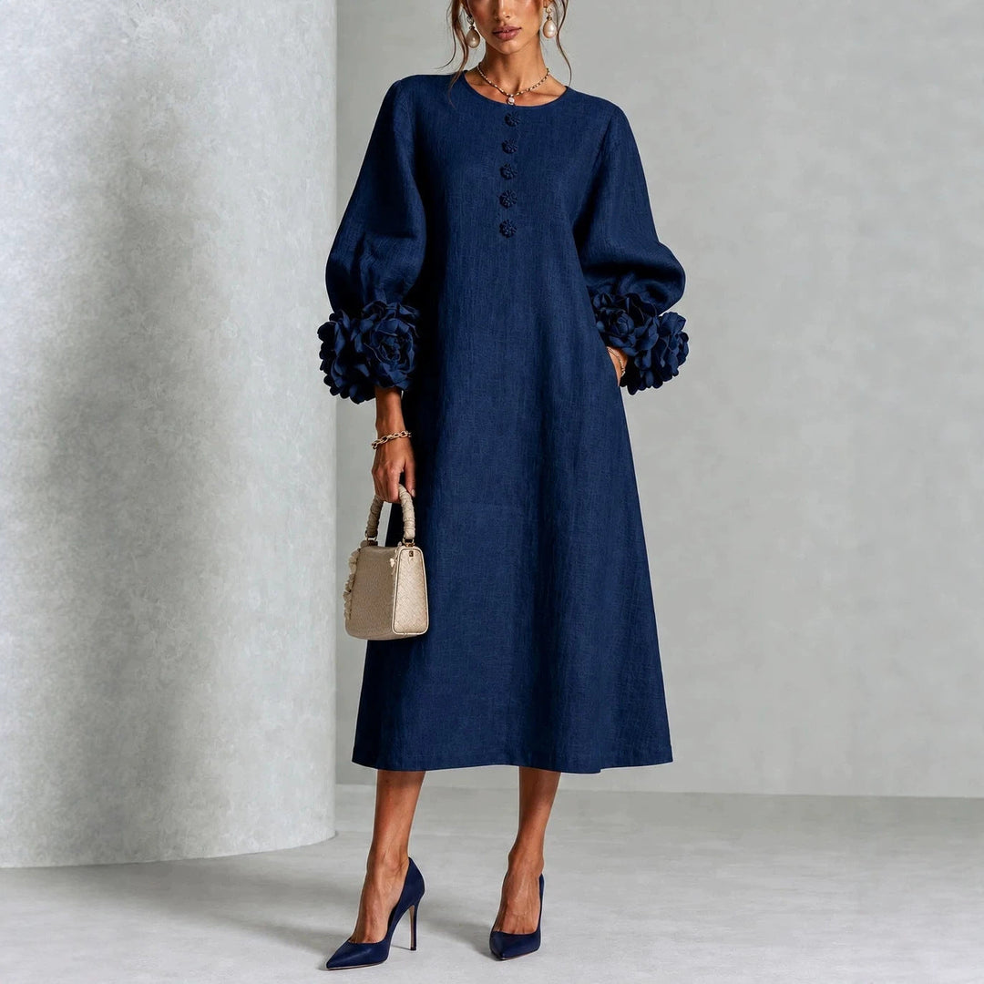 Ivy Floral Midi Dress with Rose-cuff Sleeves in navy blue