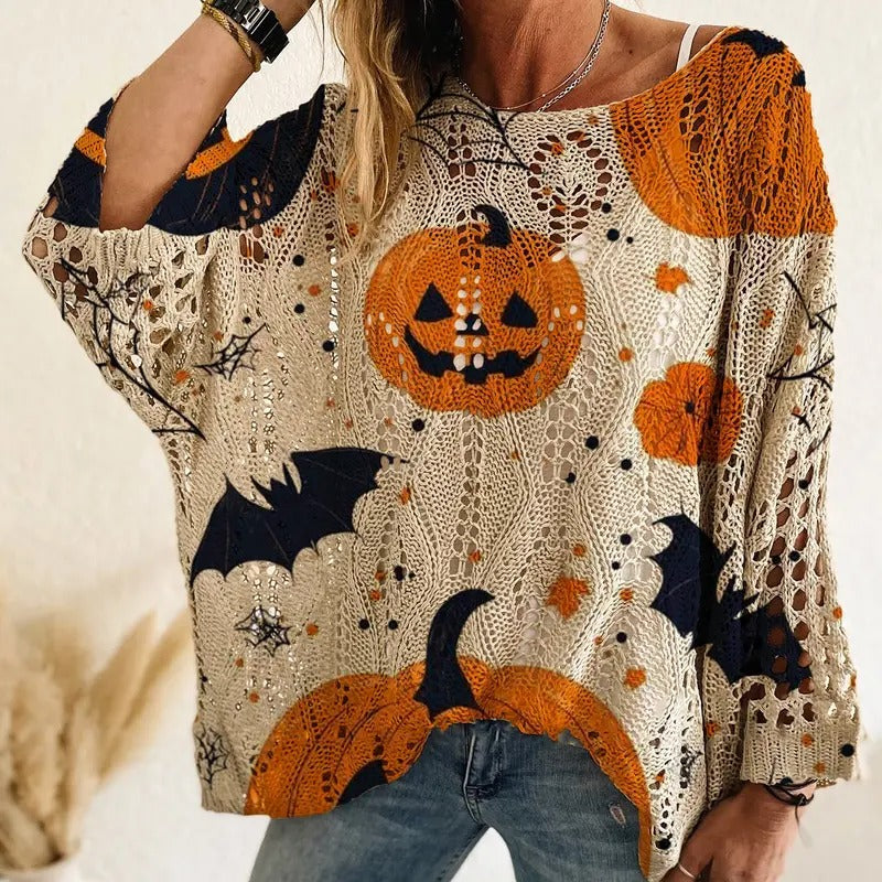 Harriet Pumpkin Open-Knit Sweater — Cream on our model