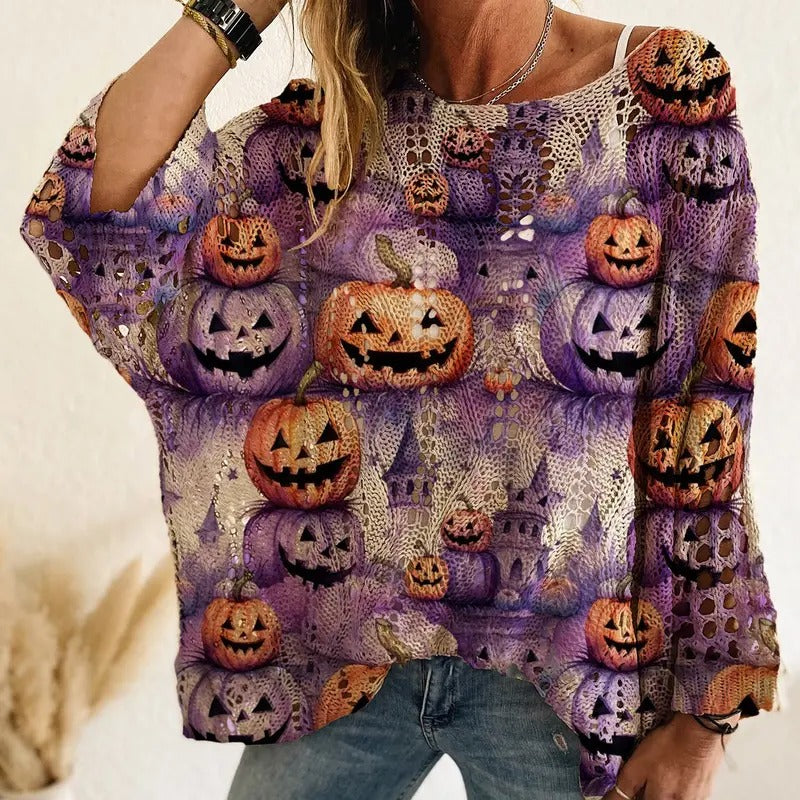 Harriet Pumpkin Open-Knit Sweater — Purple on our model