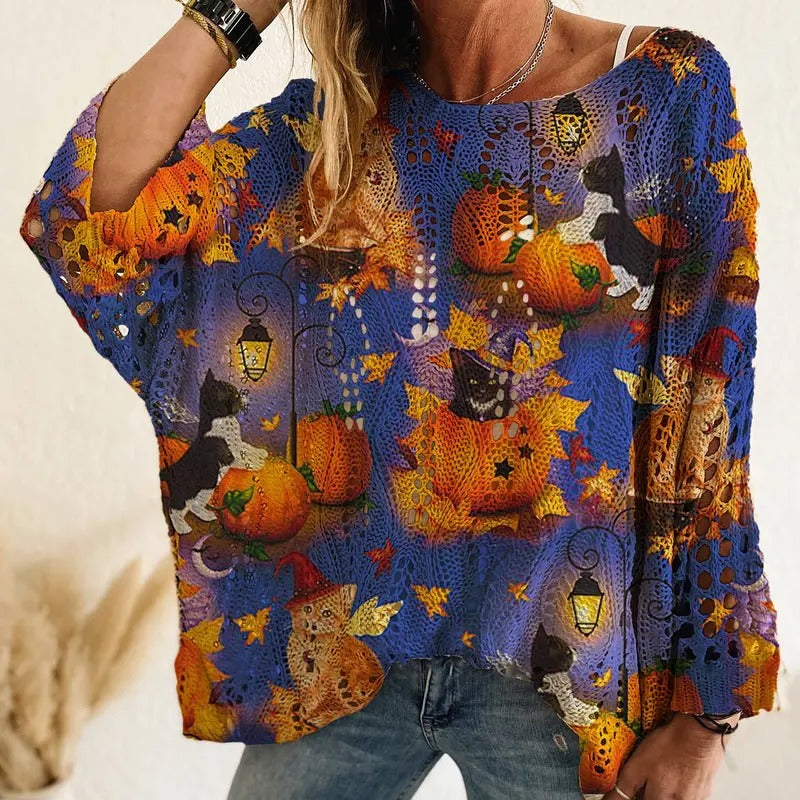 Harriet Pumpkin Open-Knit Sweater — Navy on our model