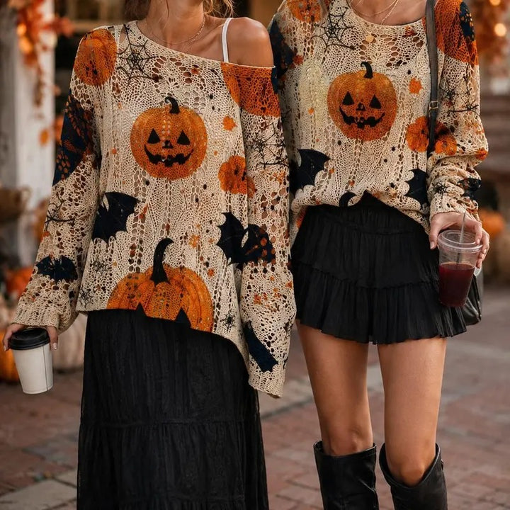 Harriet Pumpkin Open-Knit Sweater — Cream on our model