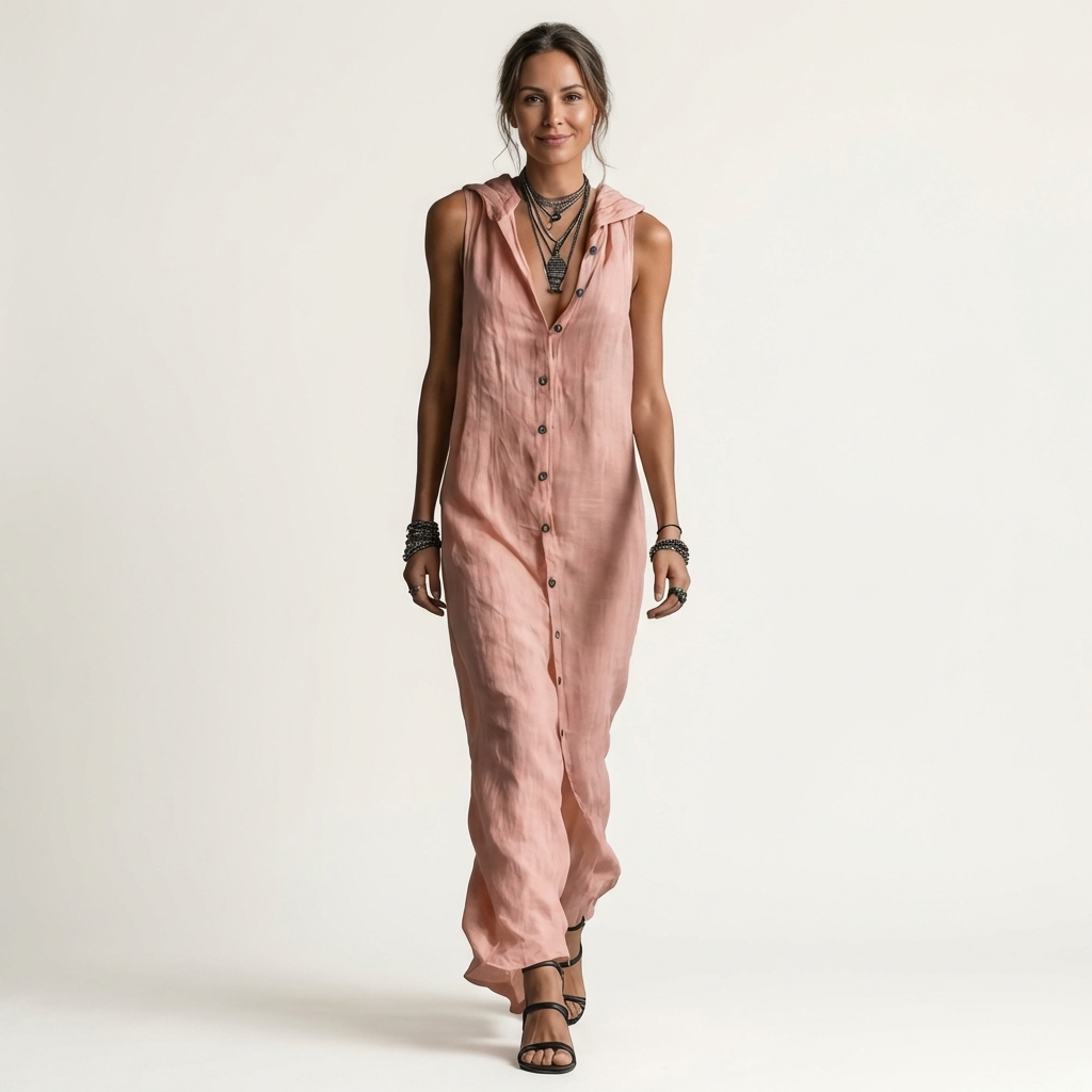 Mirabell Hooded Button-front Sleeveless Linen in pink