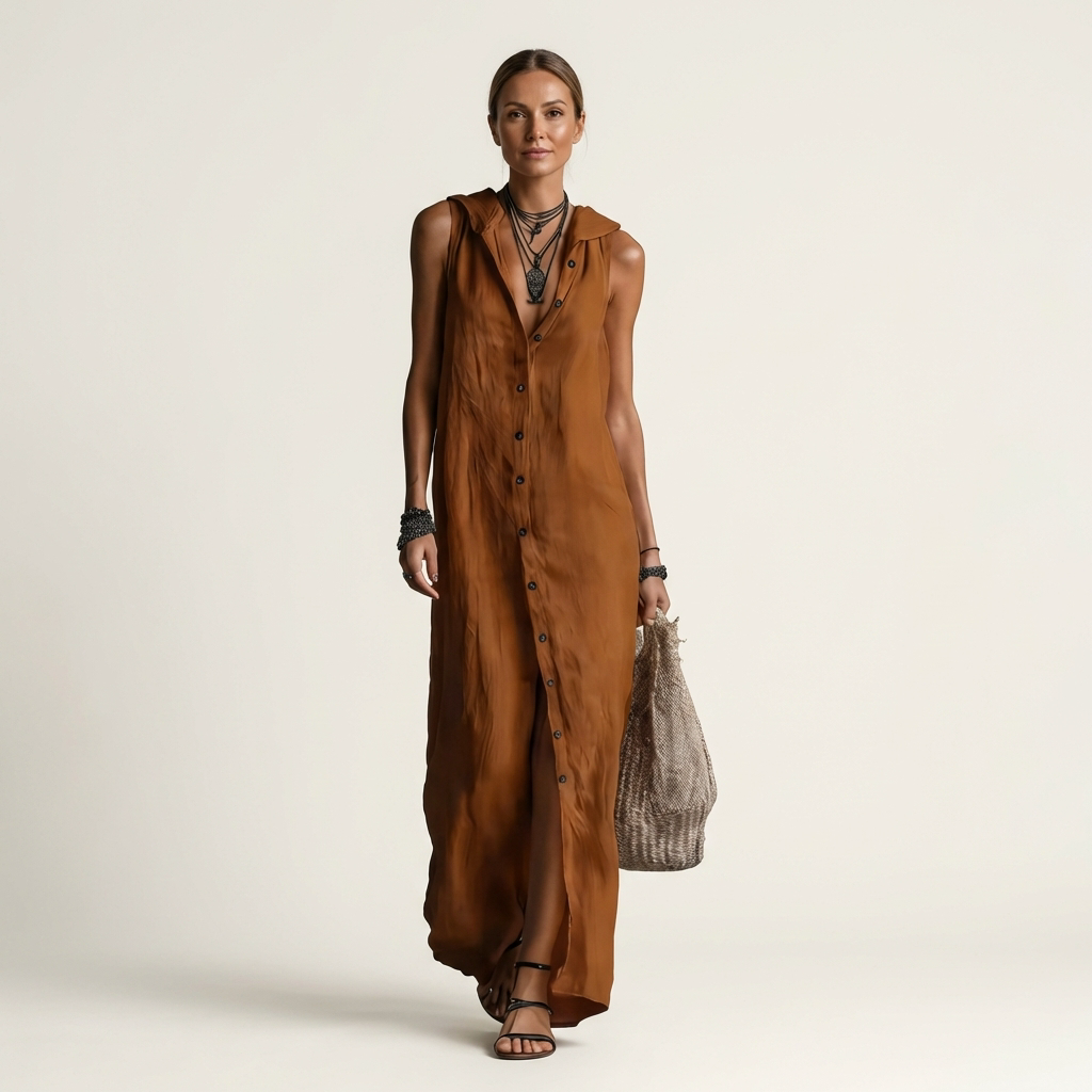 Mirabell Hooded Button-front Sleeveless Linen in brown