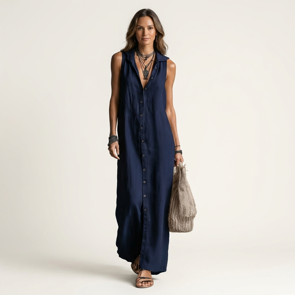 Mirabell Hooded Button-front Sleeveless Linen in navy blue