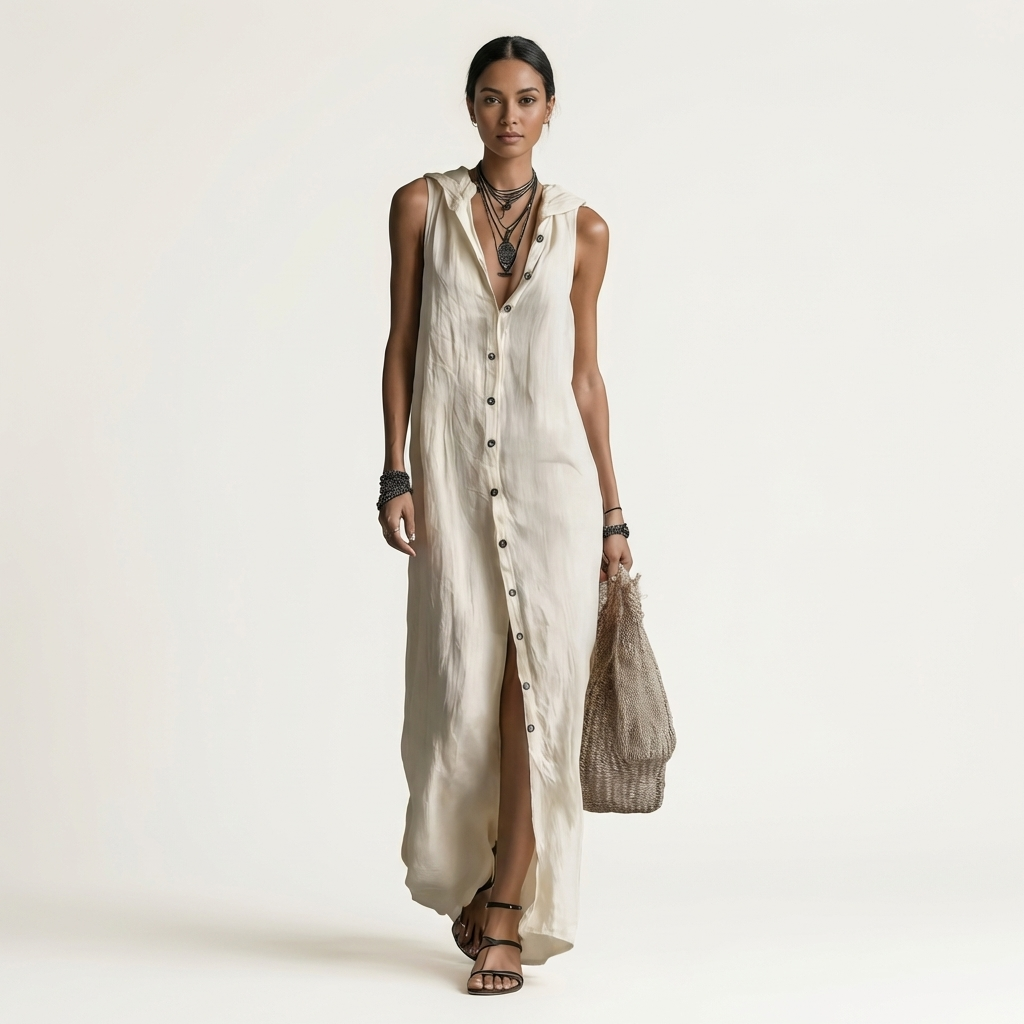 Mirabell Hooded Button-front Sleeveless Linen in white