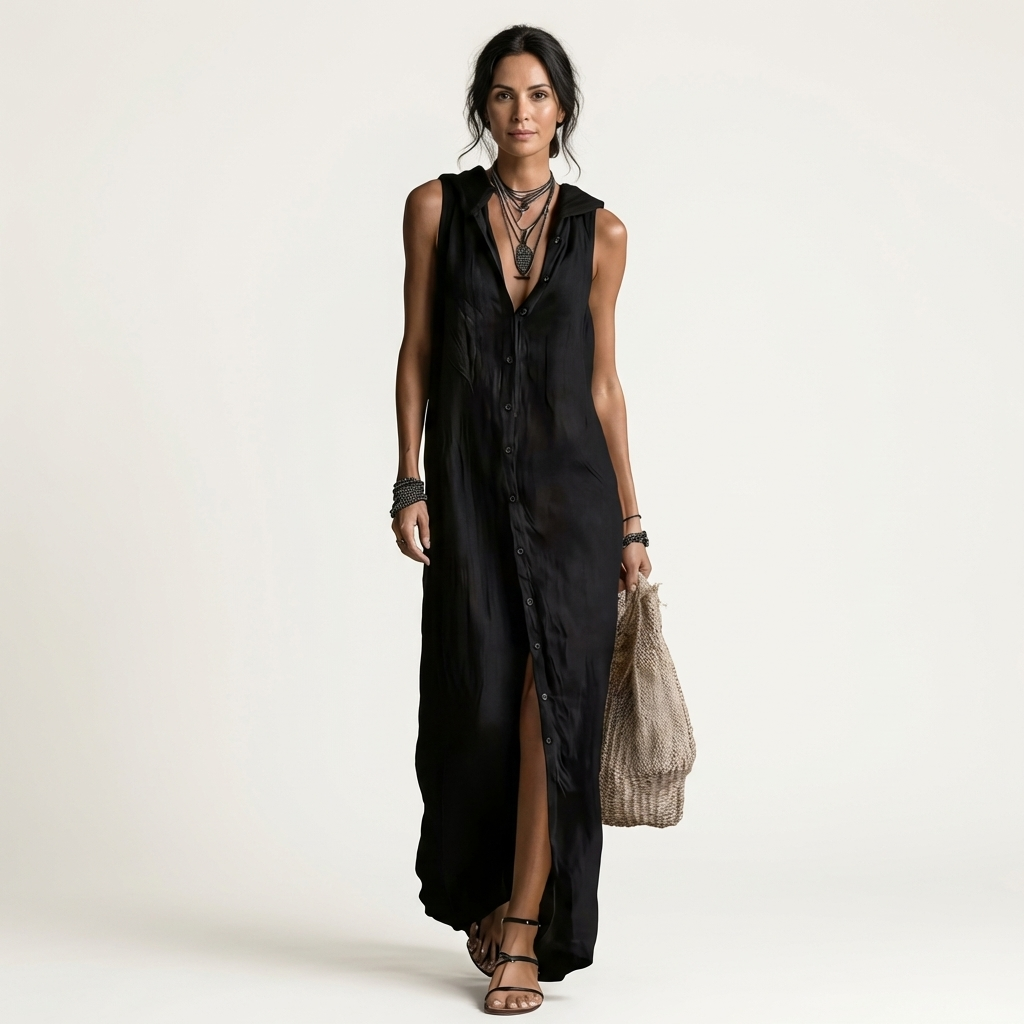 Mirabell Hooded Button-front Sleeveless Linen in black