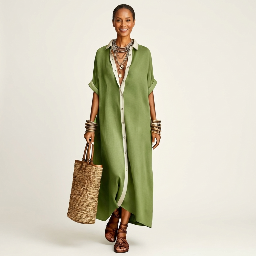 Kamira Contrast-collar Button-front Short-sleeve Maxi in green