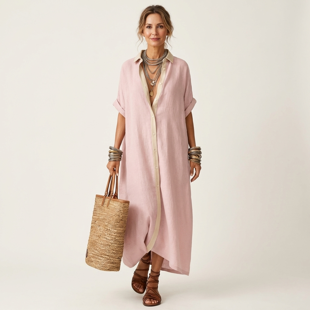Kamira Contrast-collar Button-front Short-sleeve Maxi in pink