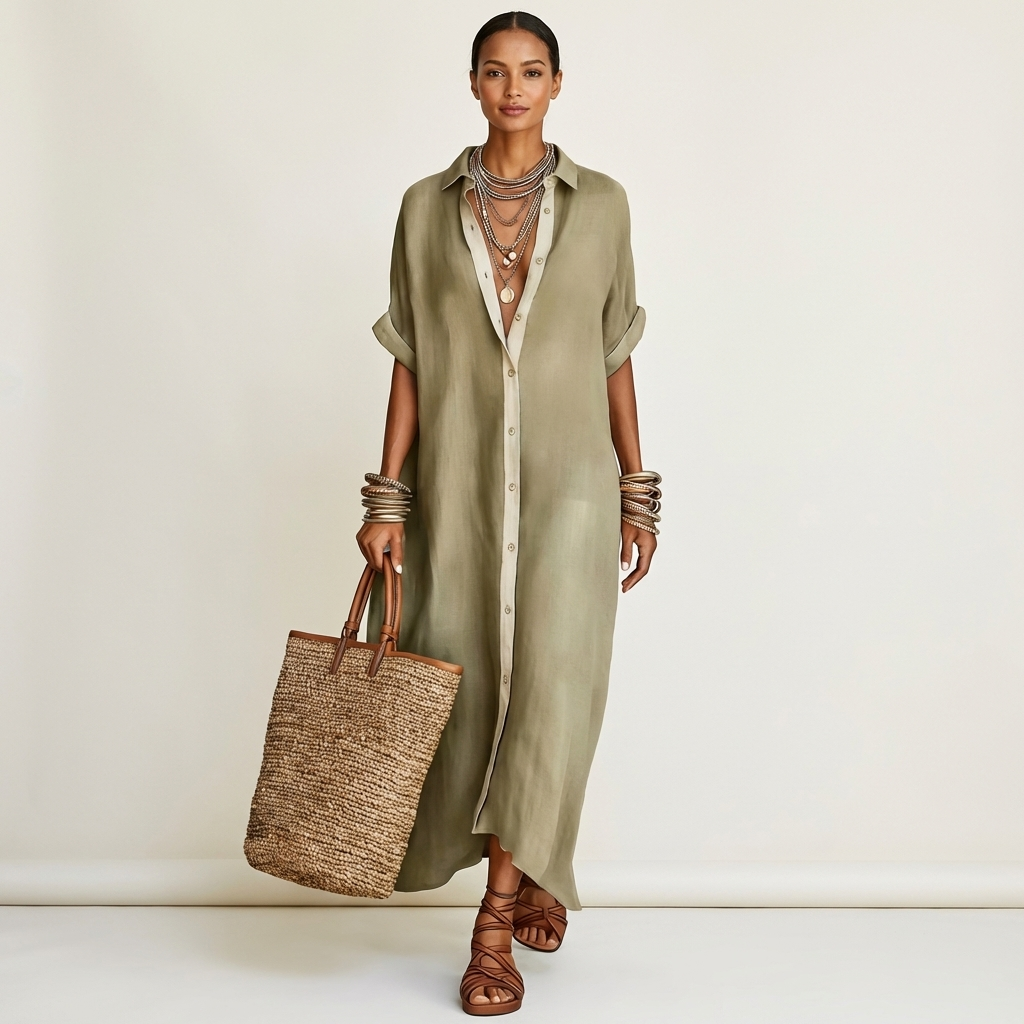 Kamira Contrast-collar Button-front Short-sleeve Maxi in beige