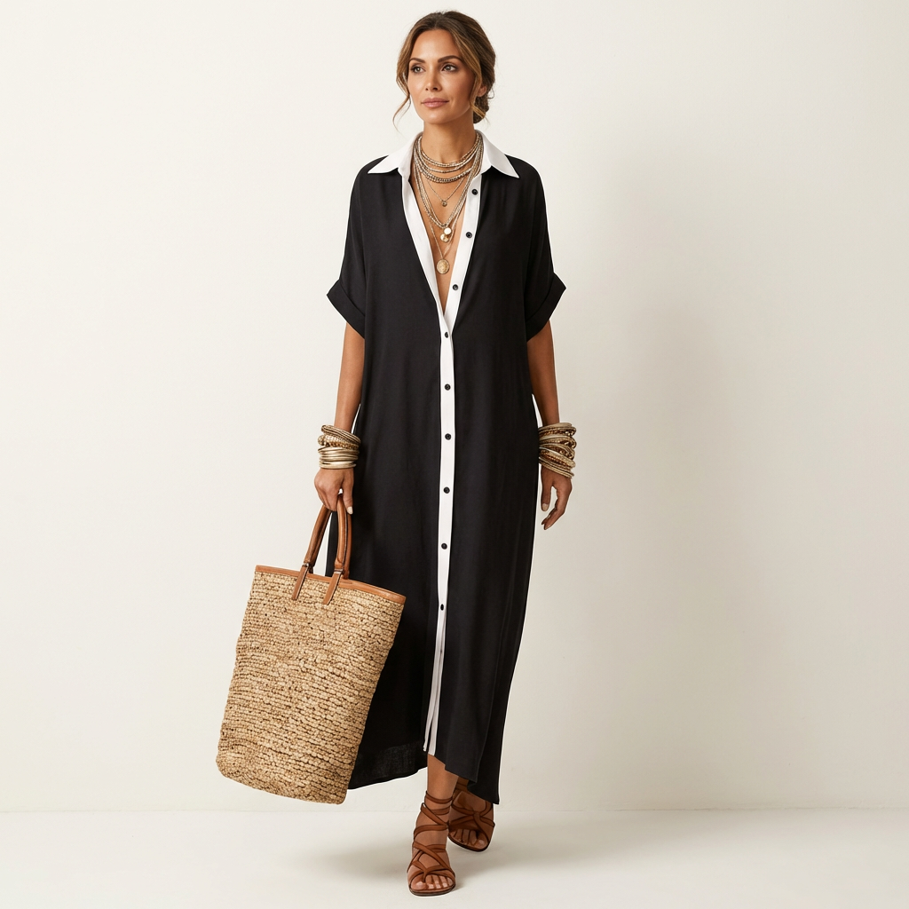 Kamira Contrast-collar Button-front Short-sleeve Maxi in black