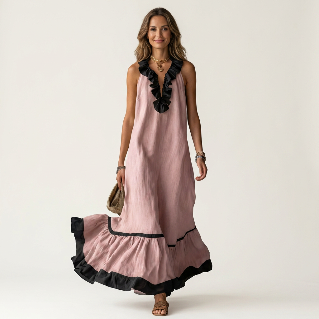 Mayline Sleeveless Ruffle-neck Contrast-trim Maxi in pink