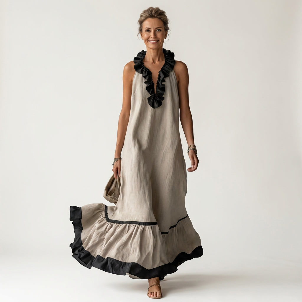 Mayline Sleeveless Ruffle-neck Contrast-trim Maxi in beige